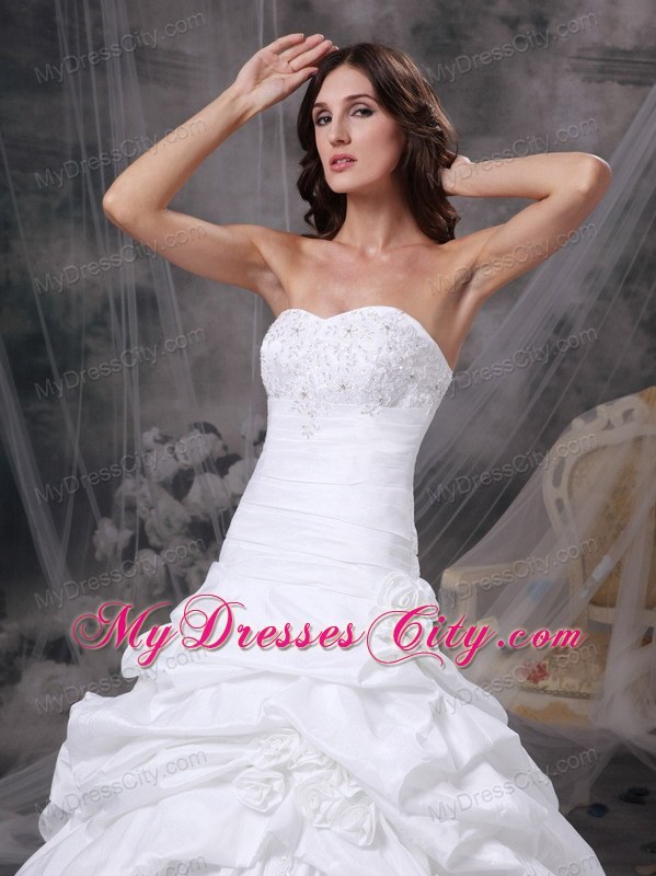 Pick-ups and Hand Made Flowers Court Train Wedding Gown