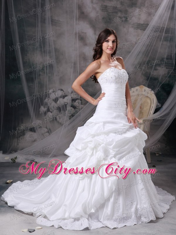 Pick-ups and Hand Made Flowers Court Train Wedding Gown