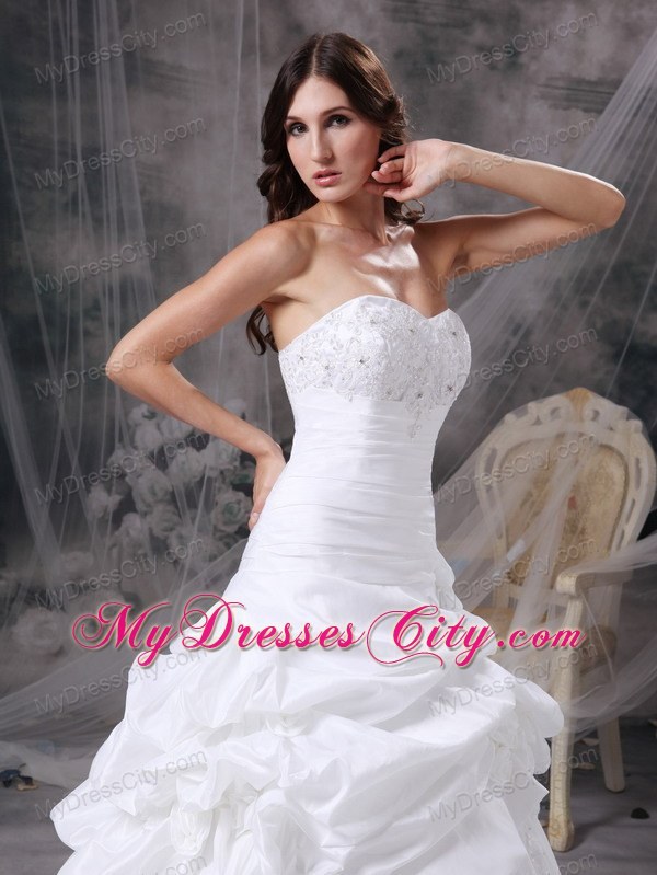 Pick-ups and Hand Made Flowers Court Train Wedding Gown