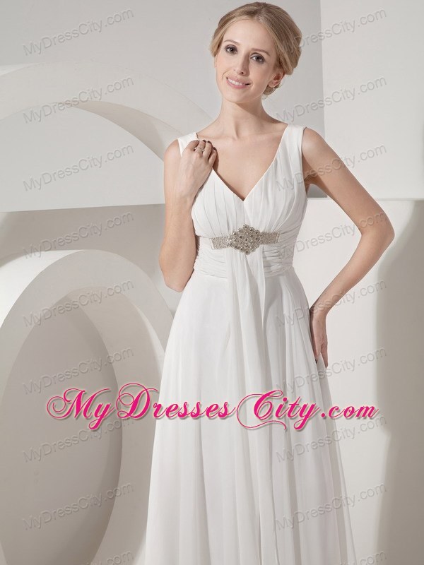 Chiffon Empire V-neck Beaded Sash Decorate Bridal Gowns