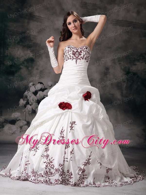 Handle Flowers Brush Train Wedding Dress with Wine Red Embroidery