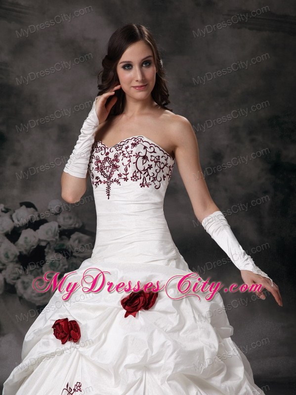 Handle Flowers Brush Train Wedding Dress with Wine Red Embroidery