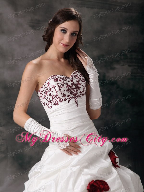 Handle Flowers Brush Train Wedding Dress with Wine Red Embroidery