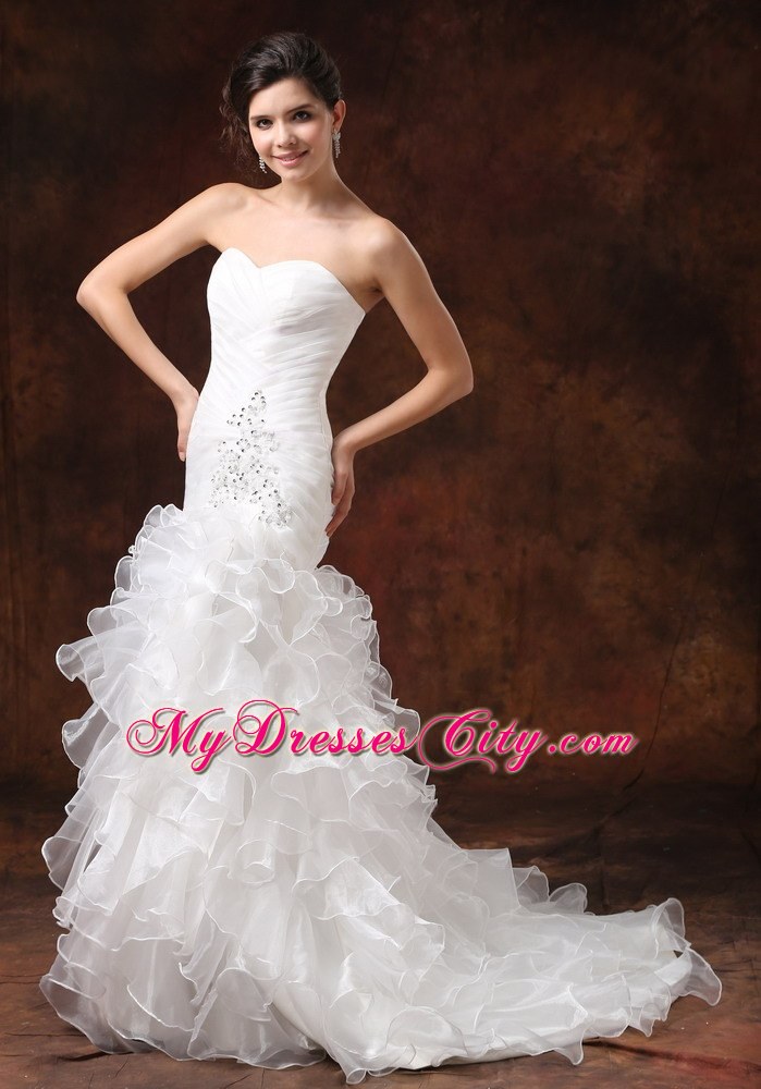 Mermaid Ruching Ruffled Layers Brush Train Wedding Dress With Beading