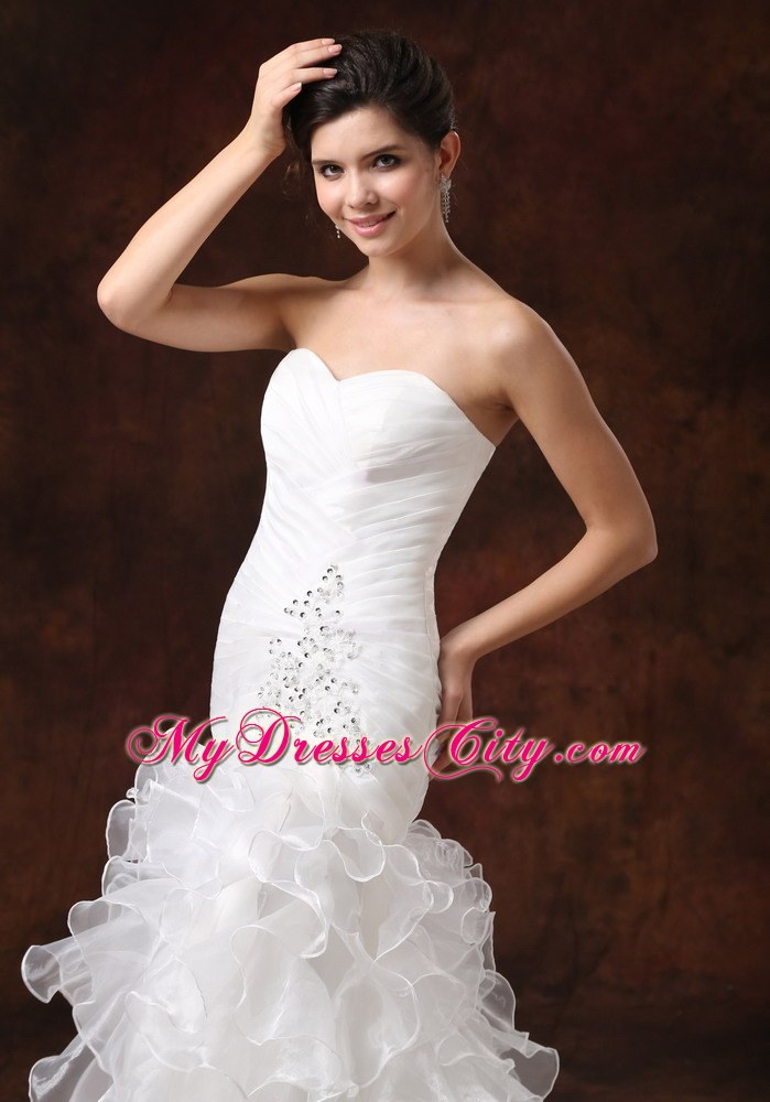 Mermaid Ruching Ruffled Layers Brush Train Wedding Dress With Beading