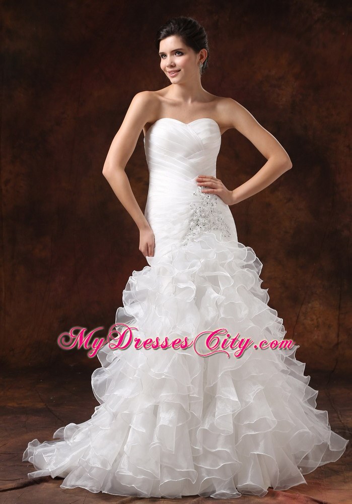 Mermaid Ruching Ruffled Layers Brush Train Wedding Dress With Beading