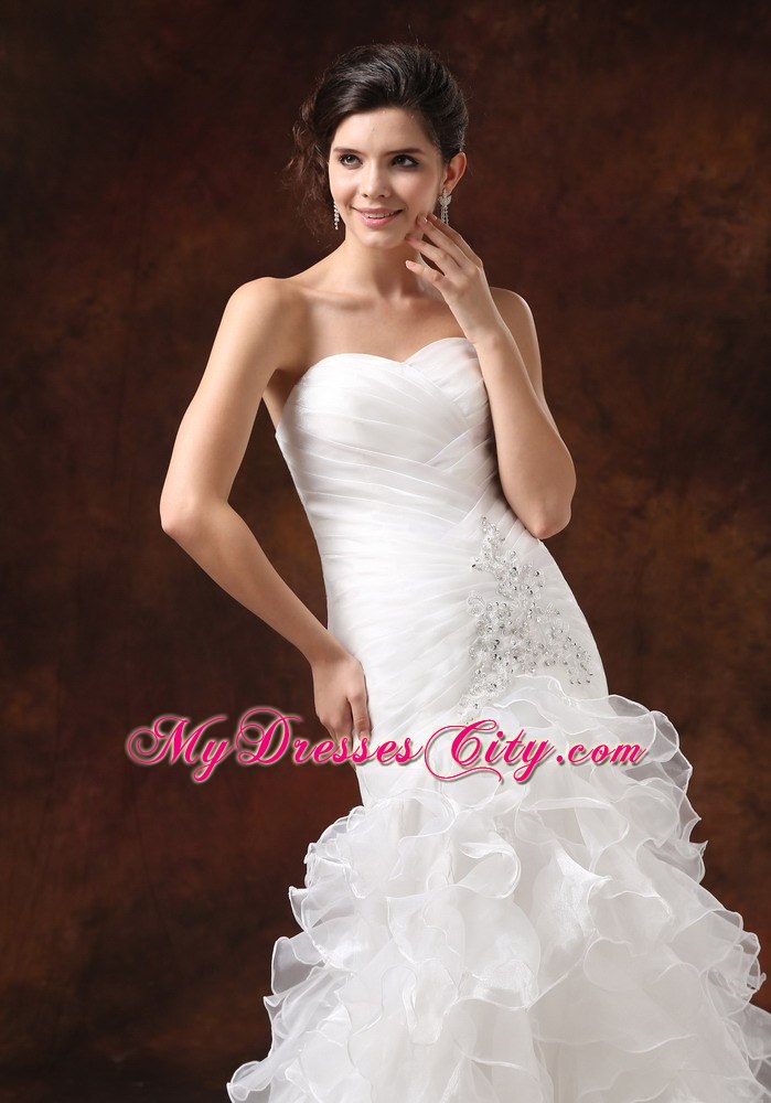 Mermaid Ruching Ruffled Layers Brush Train Wedding Dress With Beading