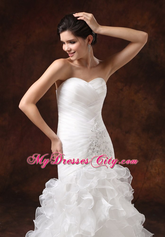 Mermaid Ruching Ruffled Layers Brush Train Wedding Dress With Beading