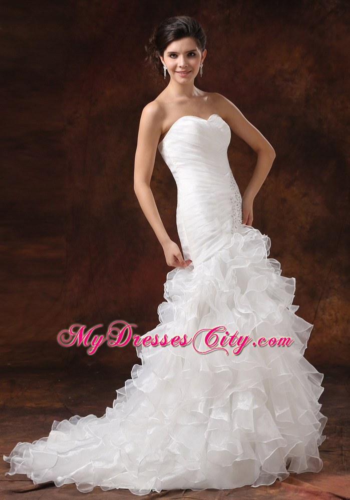 Mermaid Ruching Ruffled Layers Brush Train Wedding Dress With Beading