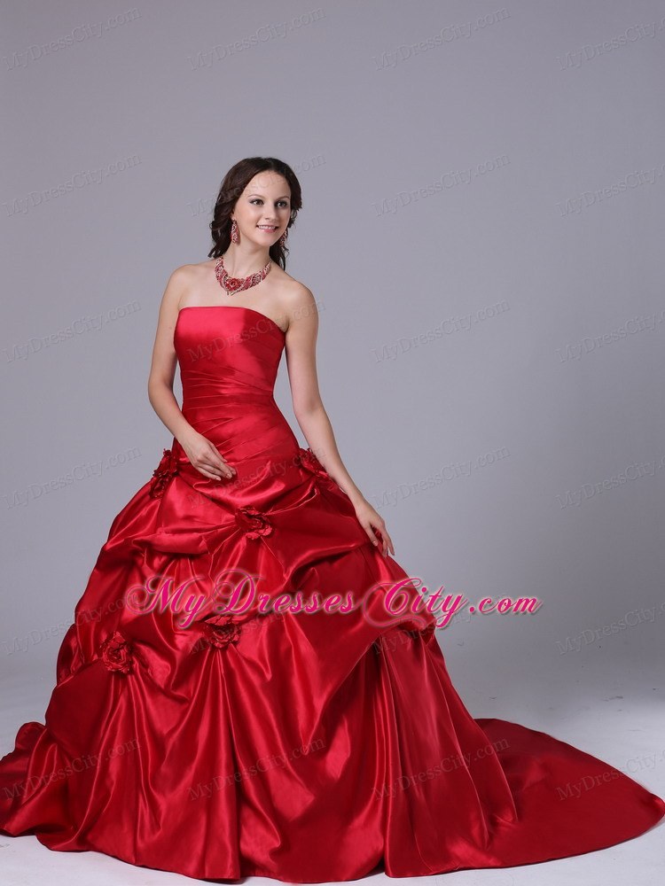 Pick-ups Hand Made Flower Court Train Wedding Dress in Wine Red