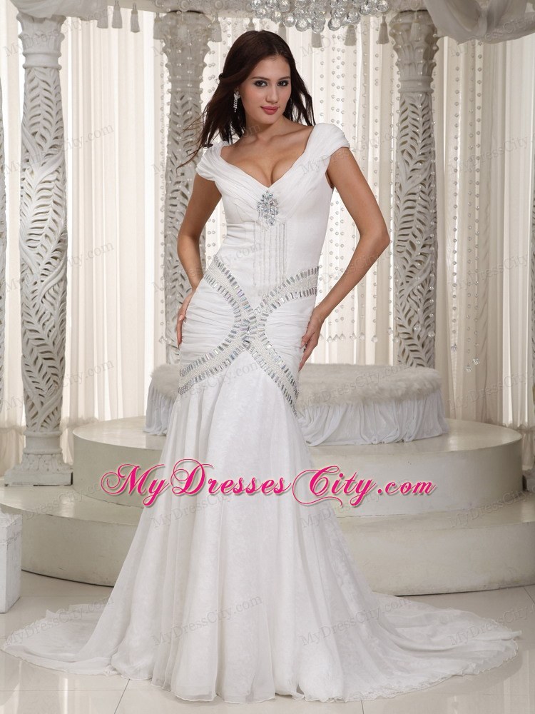 Sexy Cap Sleeves V-neck Rhinestone Chiffon Mermaid Wedding Dress