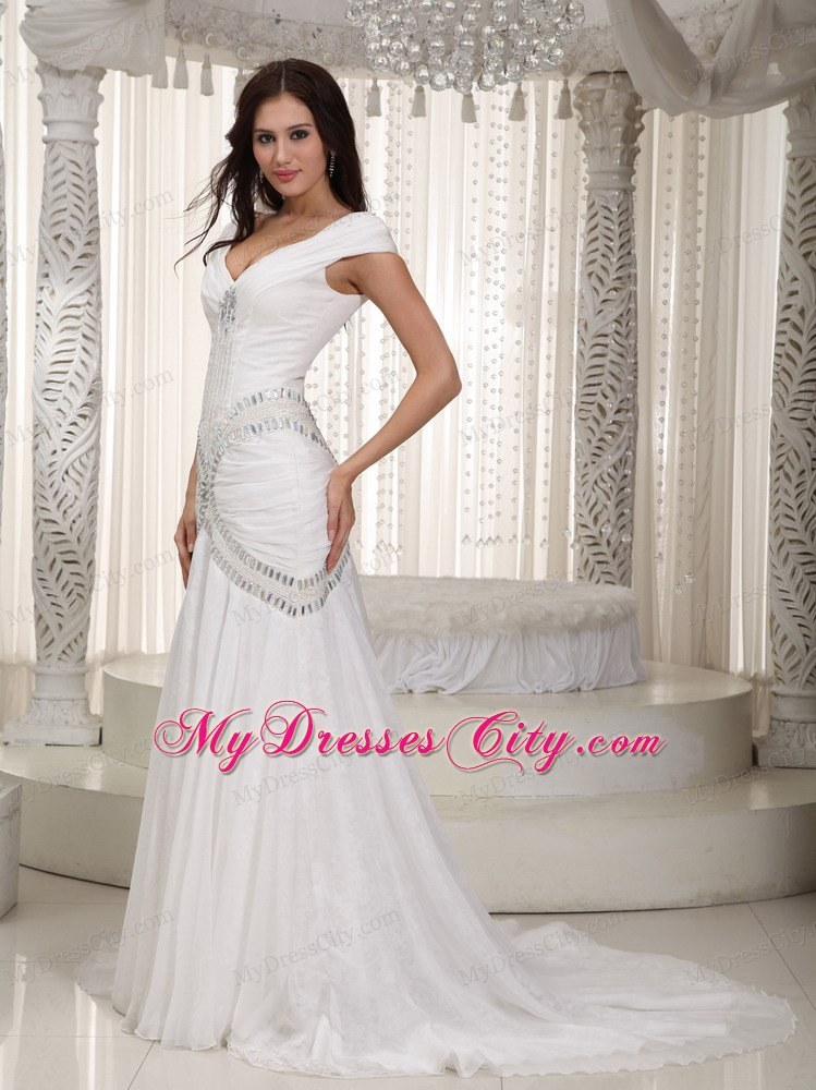 Sexy Cap Sleeves V-neck Rhinestone Chiffon Mermaid Wedding Dress