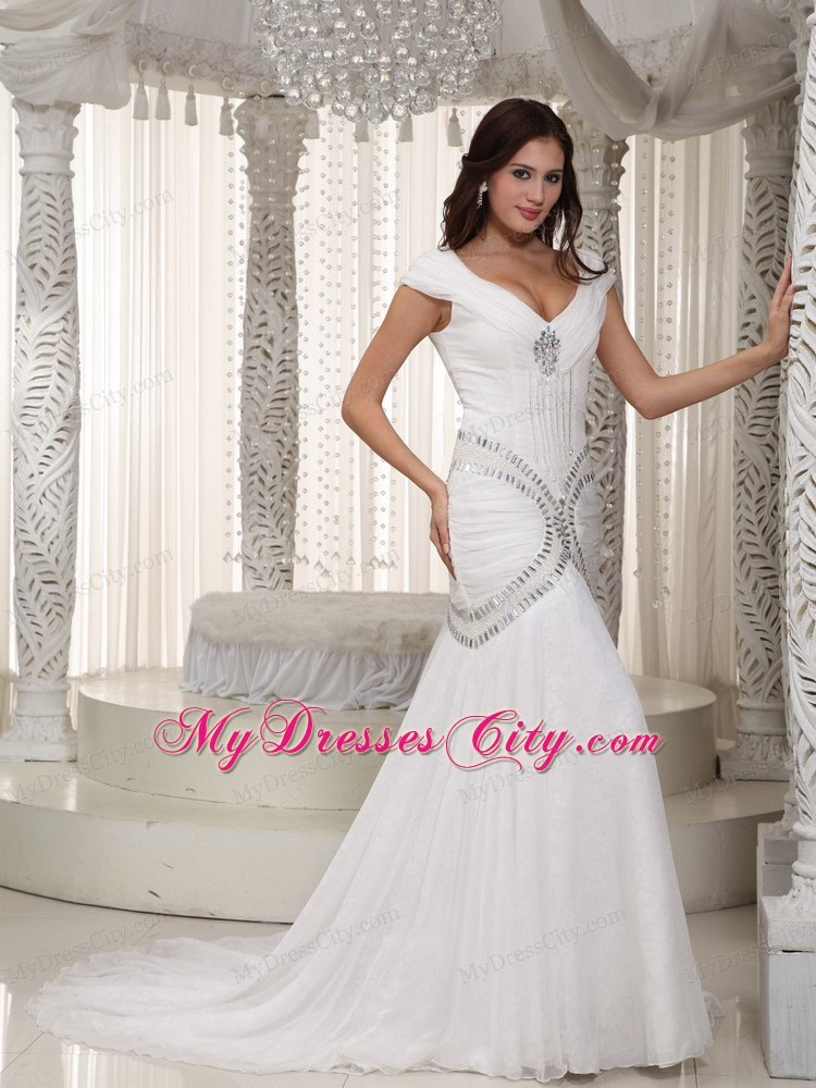 Sexy Cap Sleeves V-neck Rhinestone Chiffon Mermaid Wedding Dress