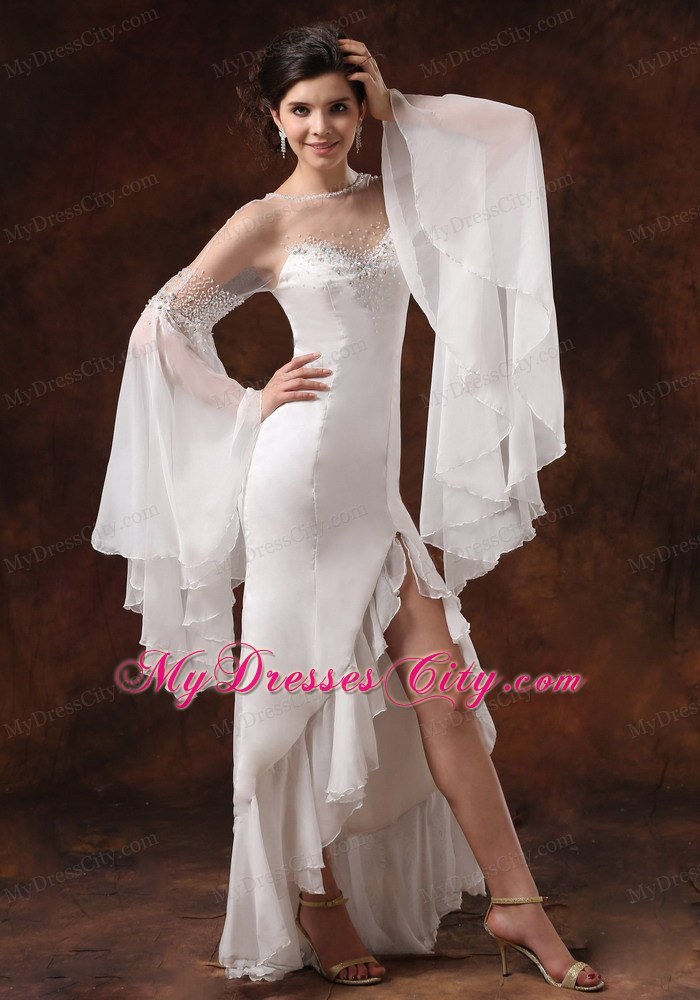 Sheer Bateau High Slit Long Sleeves Beaded Wedding Dress