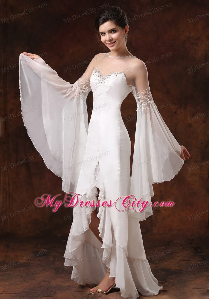 Sheer Bateau High Slit Long Sleeves Beaded Wedding Dress