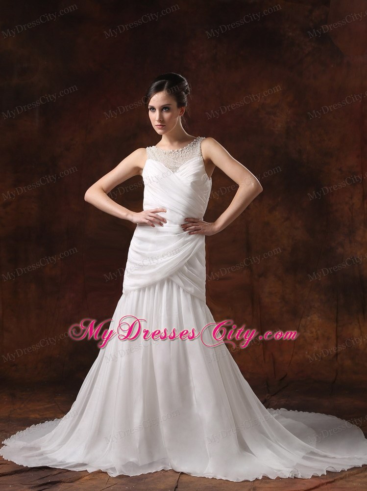 Pearl Decorate Scoop Neckline Ruched Court Train Wedding Dress