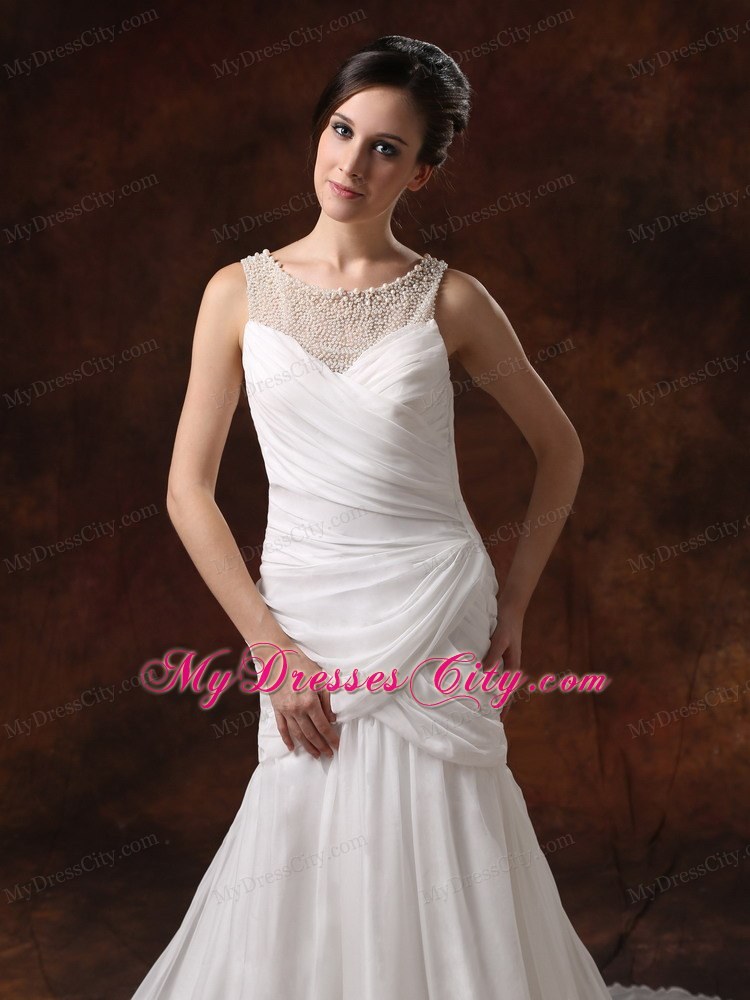 Pearl Decorate Scoop Neckline Ruched Court Train Wedding Dress