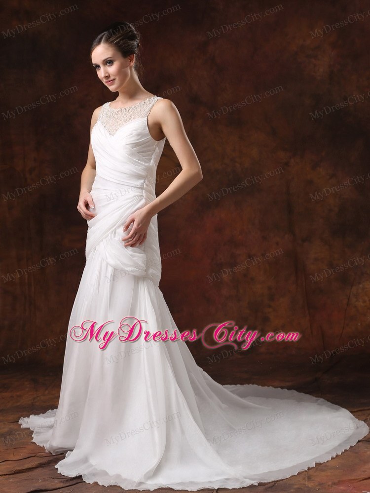 Pearl Decorate Scoop Neckline Ruched Court Train Wedding Dress