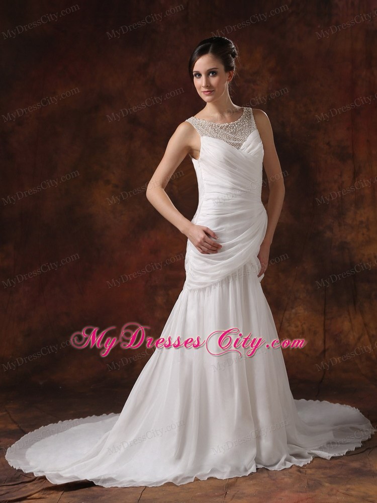 Pearl Decorate Scoop Neckline Ruched Court Train Wedding Dress