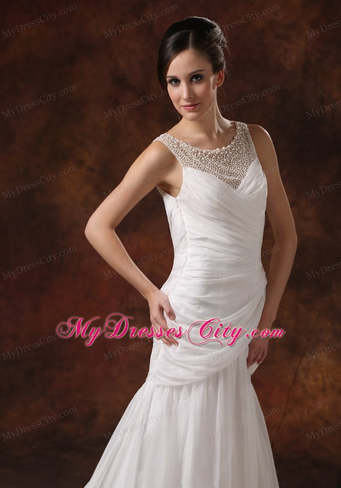 Pearl Decorate Scoop Neckline Ruched Court Train Wedding Dress