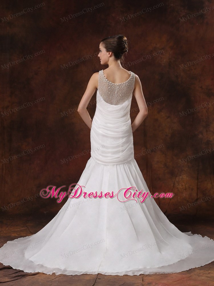 Pearl Decorate Scoop Neckline Ruched Court Train Wedding Dress