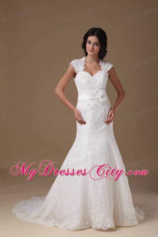 Cap Sleeves Mermaid Lace Wedding Dress with Handle Flower Sash