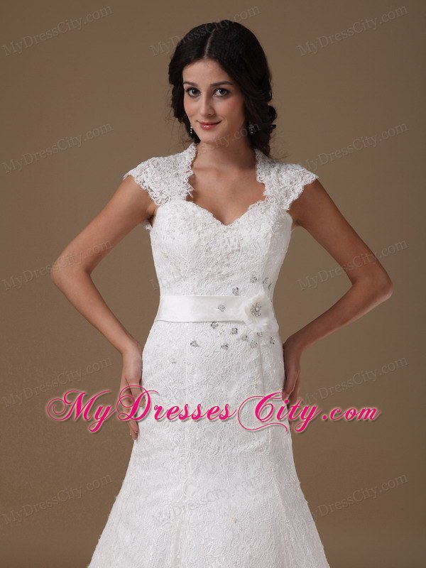 Cap Sleeves Mermaid Lace Wedding Dress with Handle Flower Sash