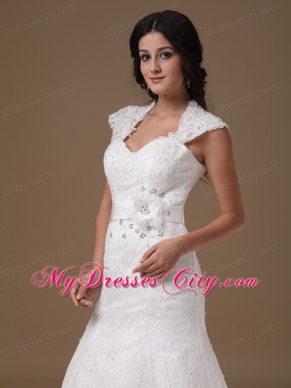 Cap Sleeves Mermaid Lace Wedding Dress with Handle Flower Sash