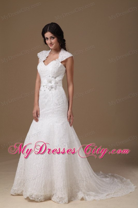 Cap Sleeves Mermaid Lace Wedding Dress with Handle Flower Sash