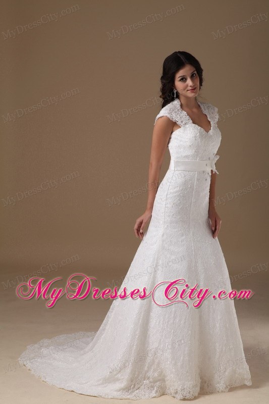 Cap Sleeves Mermaid Lace Wedding Dress with Handle Flower Sash