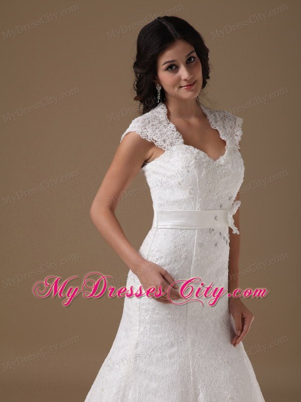 Cap Sleeves Mermaid Lace Wedding Dress with Handle Flower Sash