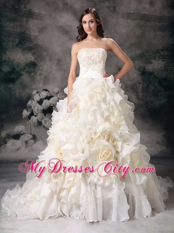 Ruffles with Hand Made Flowers Chapel Wedding Dress with Appliques