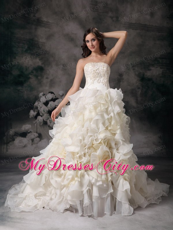 Ruffles with Hand Made Flowers Chapel Wedding Dress with Appliques