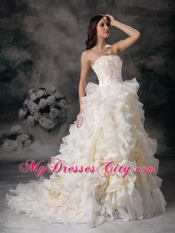 Ruffles with Hand Made Flowers Chapel Wedding Dress with Appliques