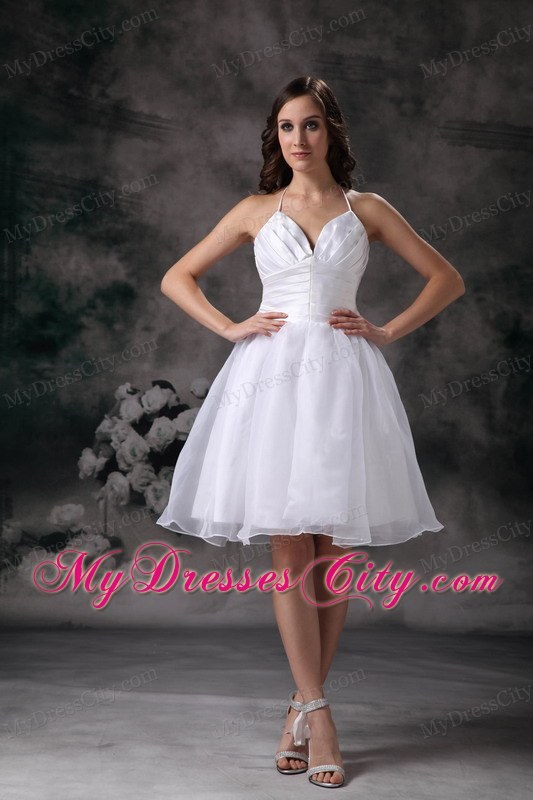 Halter Knee-length Ruched Garden Wedding Dress for Cheap