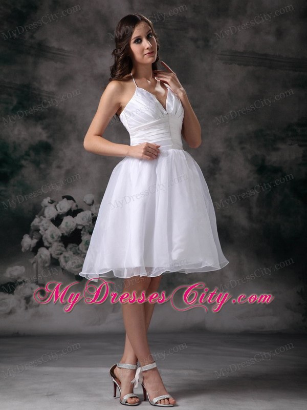 Halter Knee-length Ruched Garden Wedding Dress for Cheap