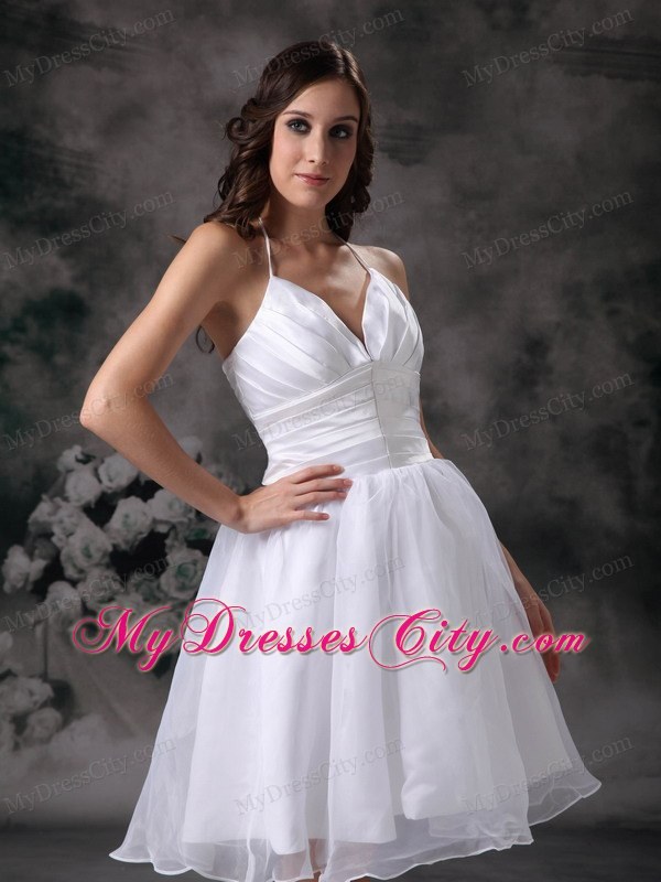 Halter Knee-length Ruched Garden Wedding Dress for Cheap