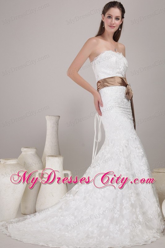 Lace Mermaid Wedding Gown with Brooch and Bow on Brown Sash