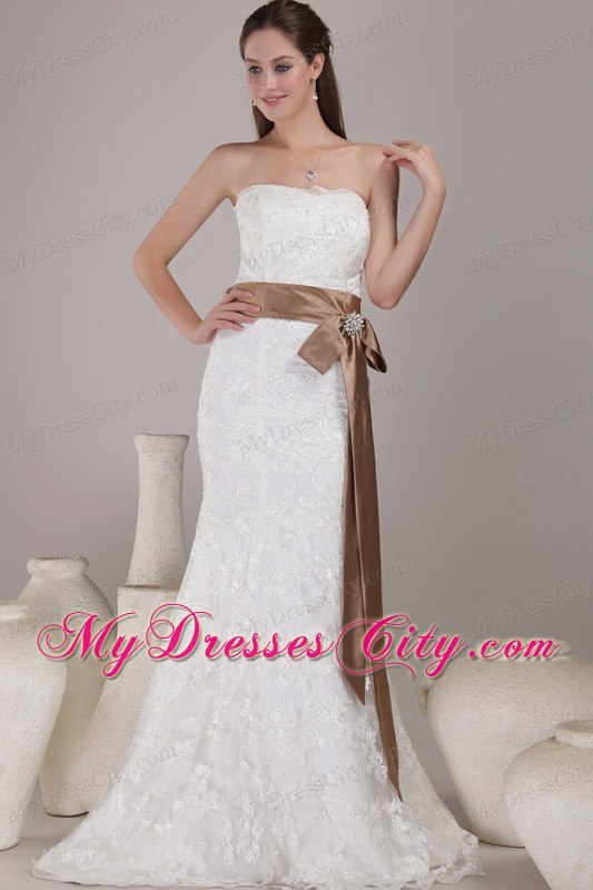 Lace Mermaid Wedding Gown with Brooch and Bow on Brown Sash