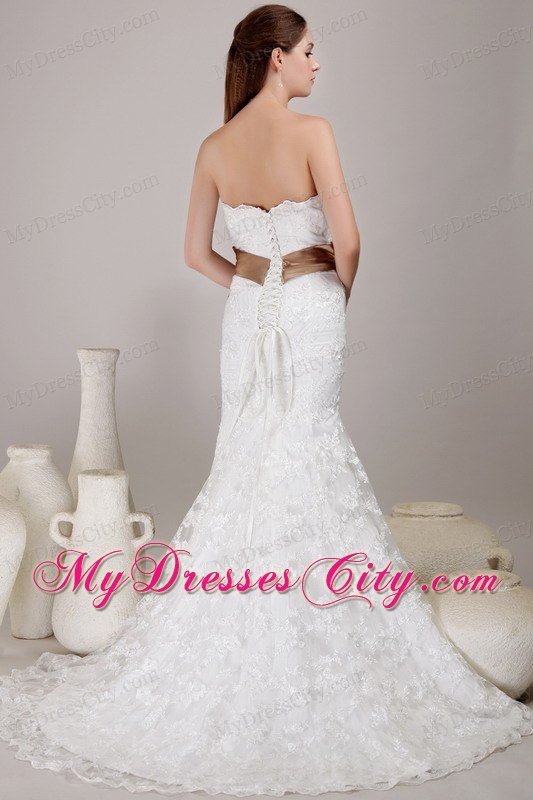 Lace Mermaid Wedding Gown with Brooch and Bow on Brown Sash