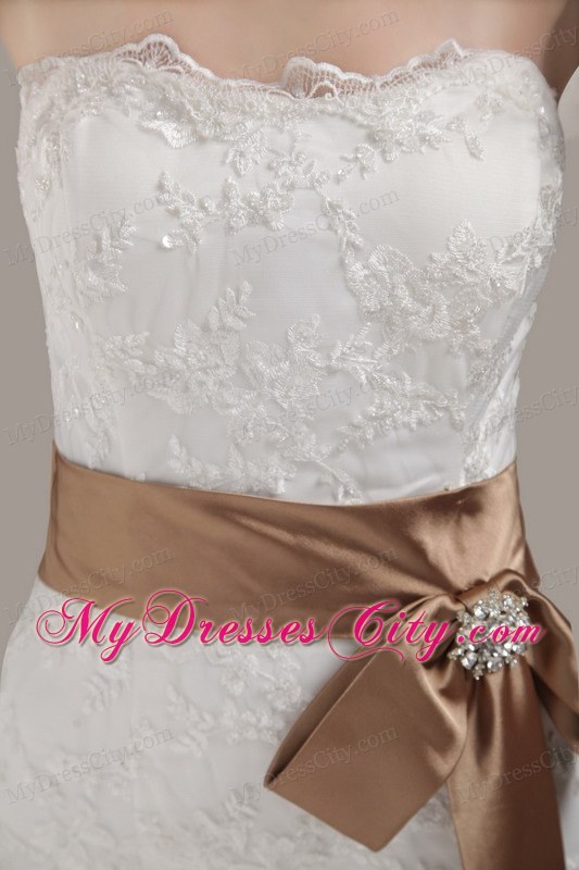 Lace Mermaid Wedding Gown with Brooch and Bow on Brown Sash