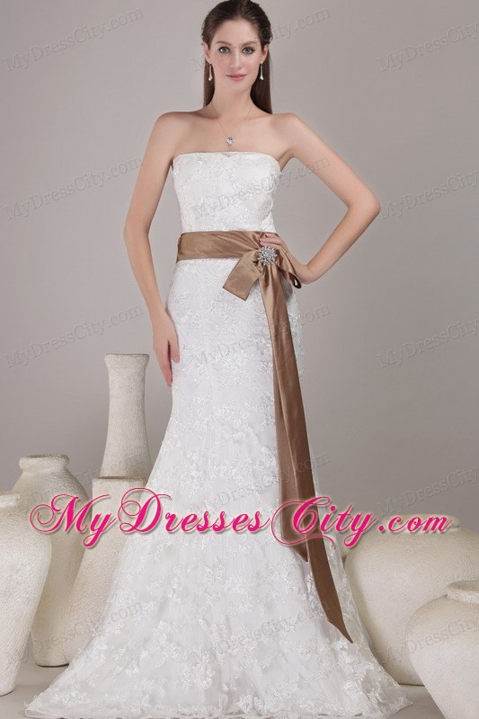 Lace Mermaid Wedding Gown with Brooch and Bow on Brown Sash