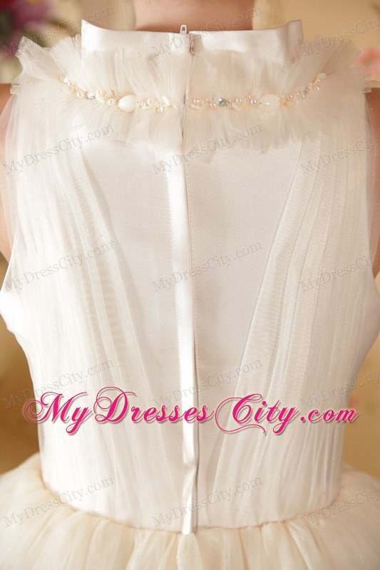 Peals Decorated Square Neckline Short Wedding Dress with Back Covered