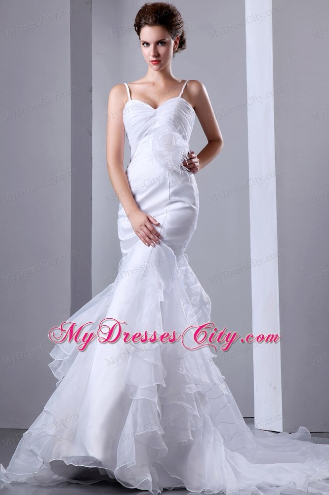 Satin Spaghetti Straps Mermaid Wedding Dress with Organza Ruffles