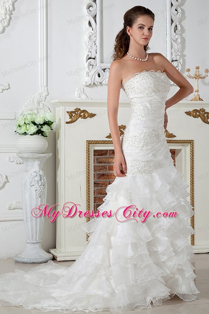 Lace Applique Bridal Gown with Tiers of Ruffles on Mermaid Skirt