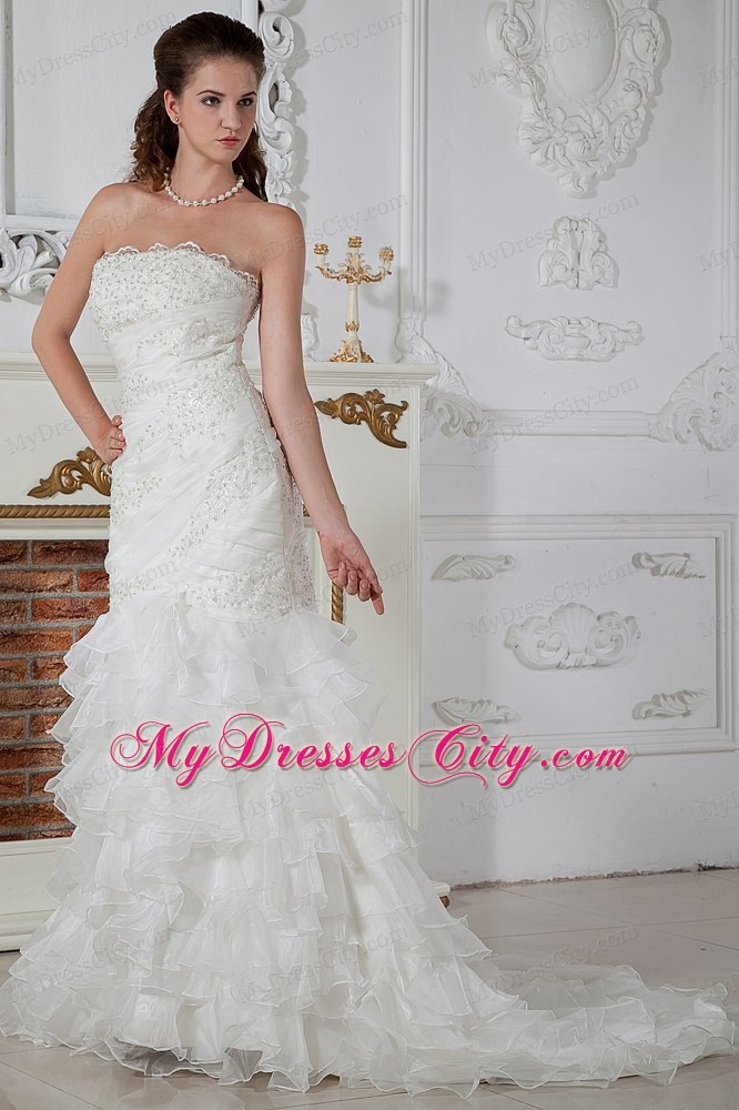 Lace Applique Bridal Gown with Tiers of Ruffles on Mermaid Skirt