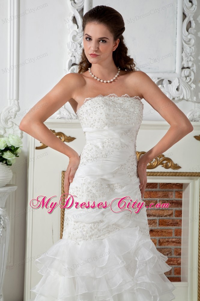 Lace Applique Bridal Gown with Tiers of Ruffles on Mermaid Skirt