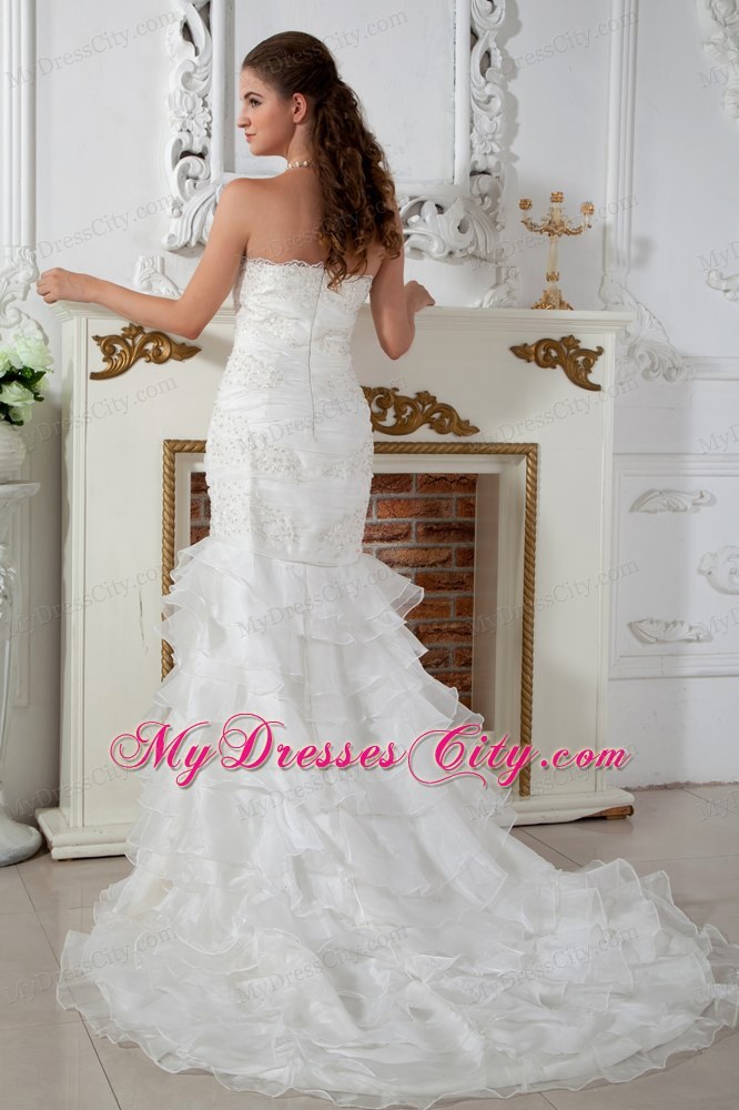 Lace Applique Bridal Gown with Tiers of Ruffles on Mermaid Skirt