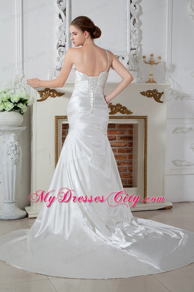 Applique Embellished One Shoulder Ruched Mermaid Wedding Dress