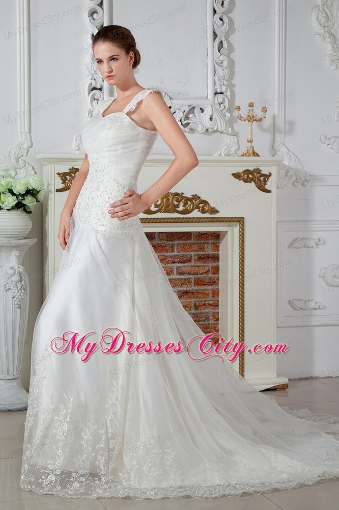 Empire Straps Court Train Appliques and Lace Wedding Dress 2013 on Sale